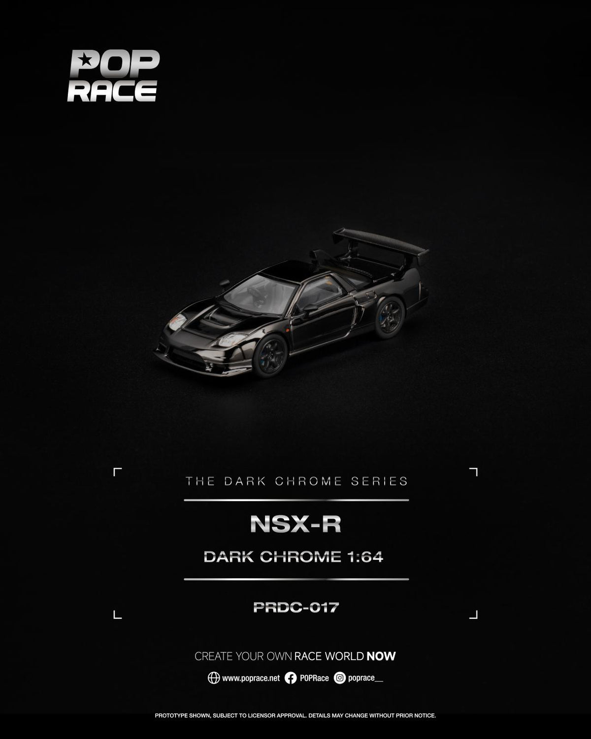 A 1:64 scale model of a black sports car with a rear spoiler, shown on a dark background with Pop Race branding and product text.