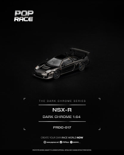 A 1:64 scale model of a black sports car with a rear spoiler, shown on a dark background with Pop Race branding and product text.