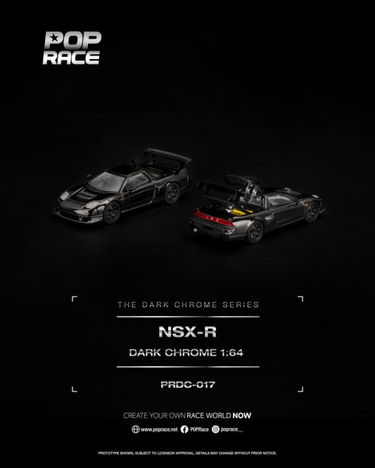 Two 1:64 scale model sports cars from the POP RACE 'The Dark Chrome Series' NSX-R set, shown on a solid black background with product text below.