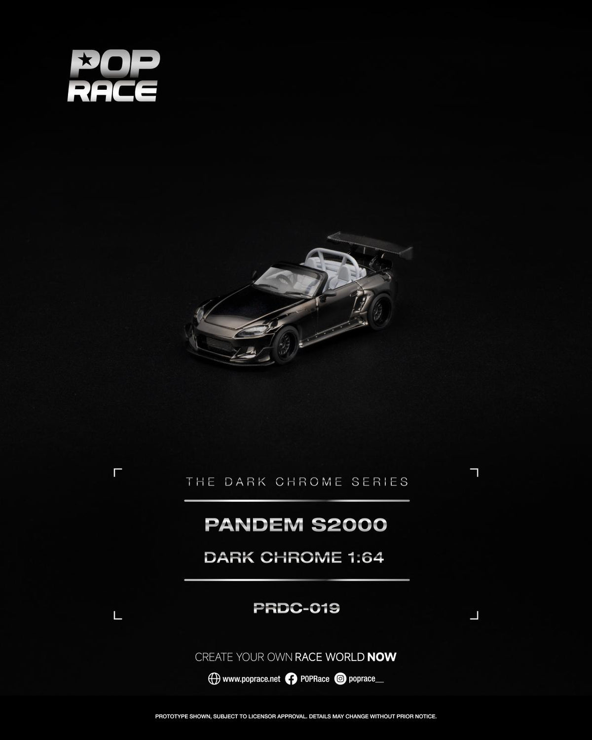 A dark metallic miniature model car from Pop Race's 'The Dark Chrome Series' on a solid black background, with product text details below.