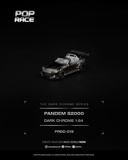 A dark metallic miniature model car from Pop Race's 'The Dark Chrome Series' on a solid black background, with product text details below.
