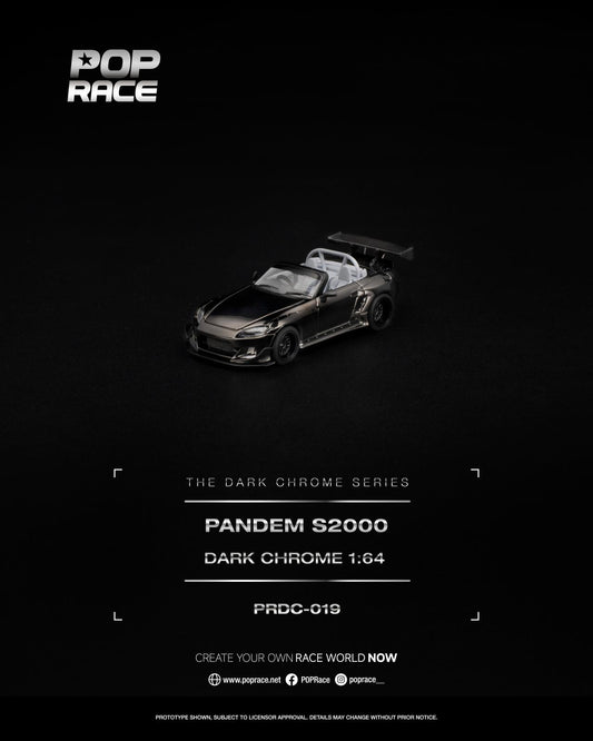A dark metallic miniature model car from Pop Race's 'The Dark Chrome Series' on a solid black background, with product text details below.