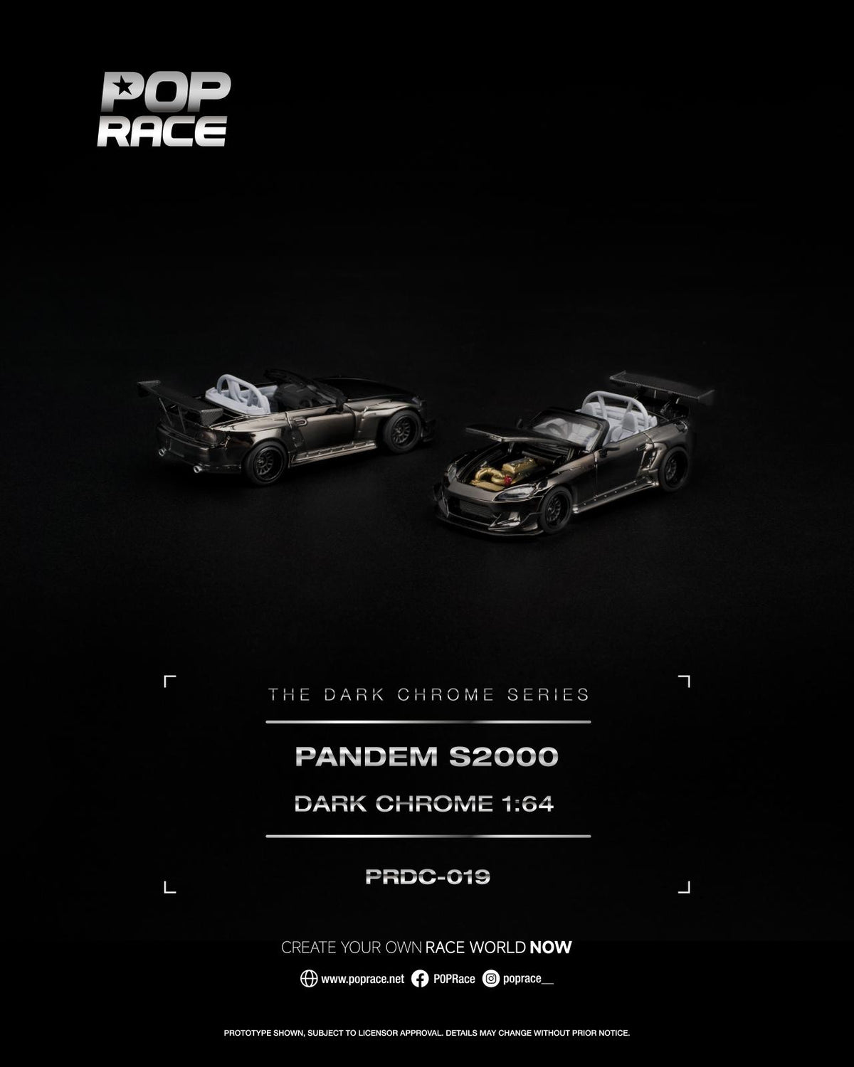 A promotional product image for the Pop Race Pandem S2000 Dark Chrome 1:64 scale model car, showing two views of the dark metallic sports car on a black background with brand and model text.