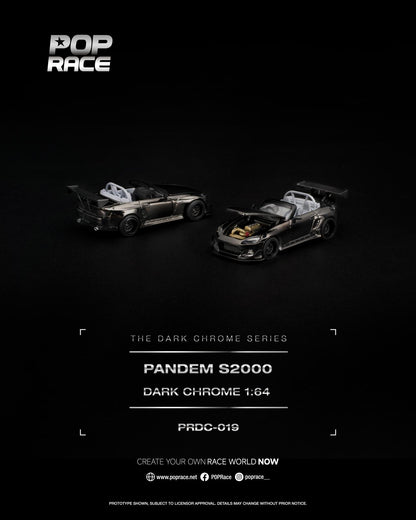 A promotional product image for the Pop Race Pandem S2000 Dark Chrome 1:64 scale model car, showing two views of the dark metallic sports car on a black background with brand and model text.