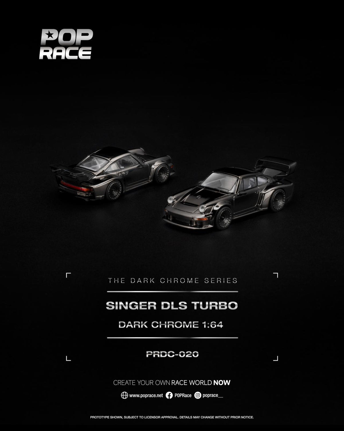 A promotional product image for the Pop Race Singer DLS Turbo 1:64 scale model car in 'Dark Chrome' finish. The image shows two views of the dark metallic gray model car on a black background, with branding and product details displayed below.