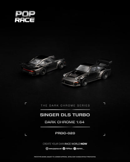 A promotional product image for the Pop Race Singer DLS Turbo 1:64 scale model car in 'Dark Chrome' finish. The image shows two views of the dark metallic gray model car on a black background, with branding and product details displayed below.