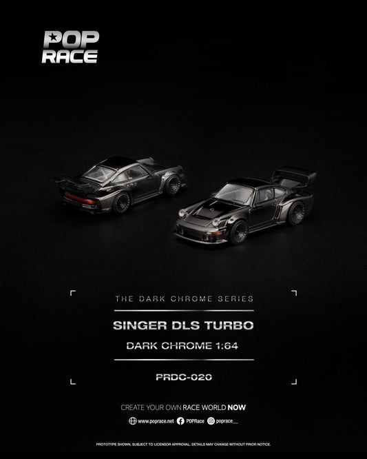 A promotional product image for the Pop Race Singer DLS Turbo 1:64 scale model car in 'Dark Chrome' finish. The image shows two views of the dark metallic gray model car on a black background, with branding and product details displayed below.