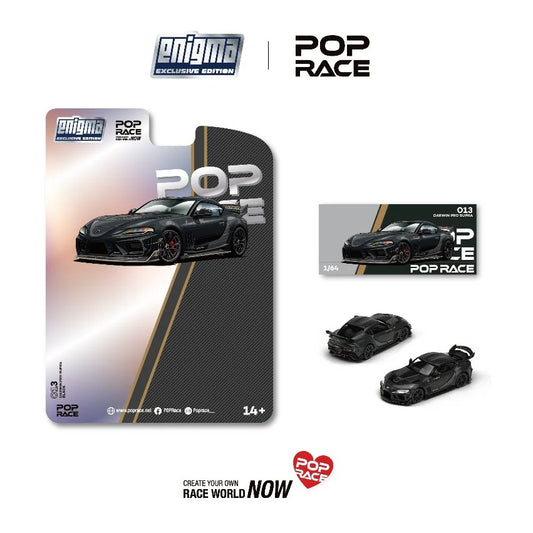 A black 1:64 scale diecast model car in blister packaging, with the Pop Race and Enigma branding visible.