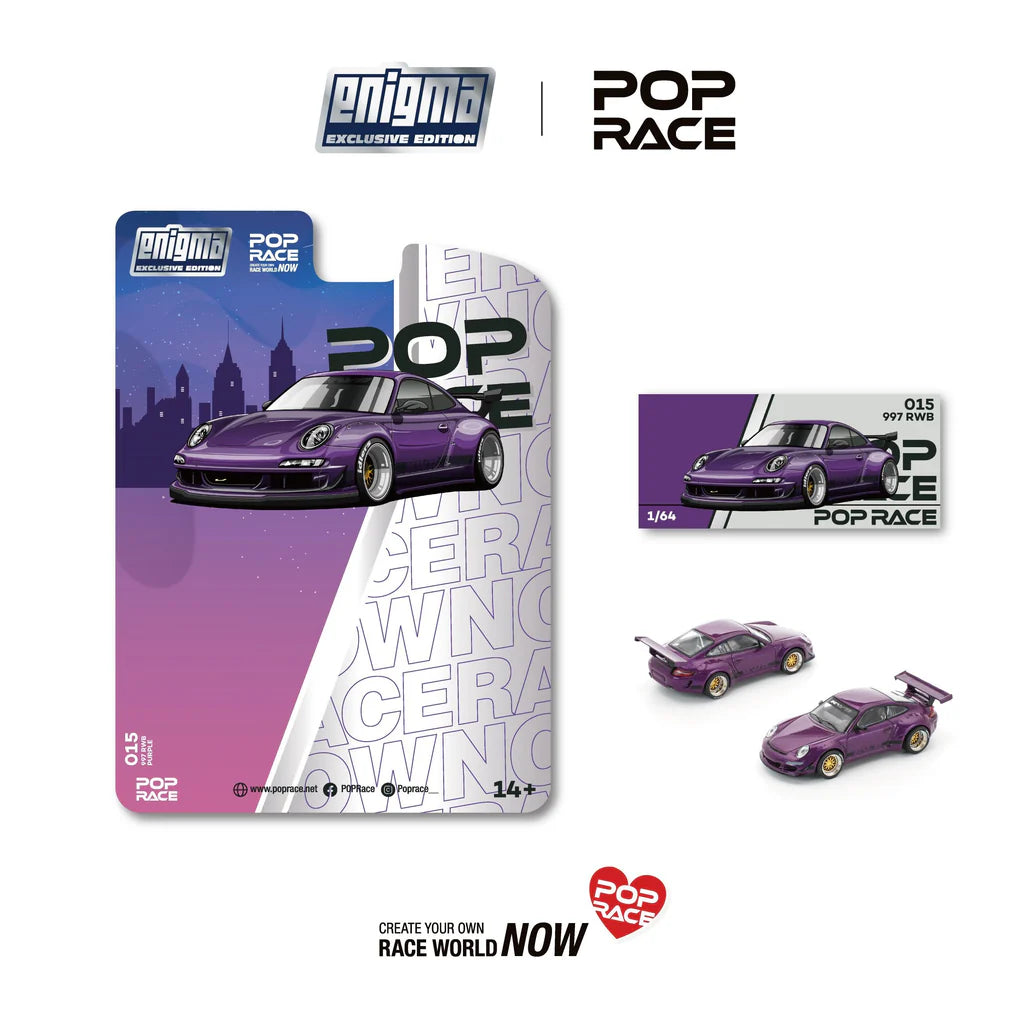 A 1:64 scale diecast model of a purple Porsche 997, along with its packaging, which includes the Pop Race branding and Enigma packaging.