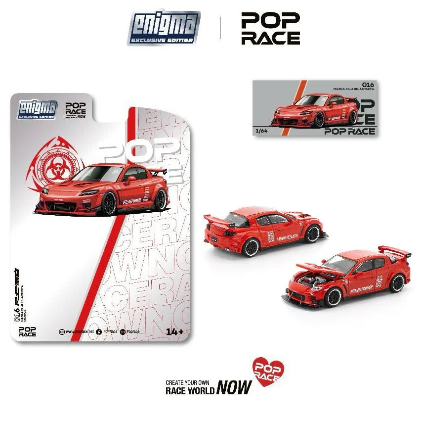 A red Mazda RX-8 toy car in 1:64 scale by Pop Race, packaged in a blister pack with 'Enigma' branding.