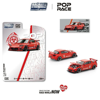 A red Mazda RX-8 toy car in 1:64 scale by Pop Race, packaged in a blister pack with 'Enigma' branding.