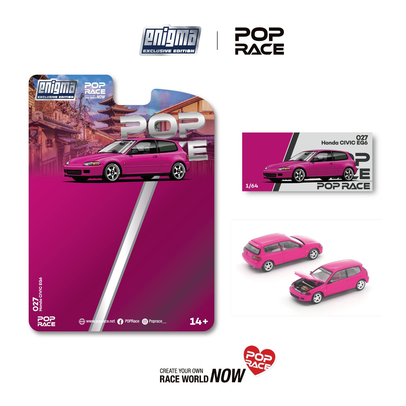 A die-cast model of a pink Honda Civic EG6 is displayed in packaging and from multiple angles, with "POP RACE" and "Enigma Exclusive Edition" branding.