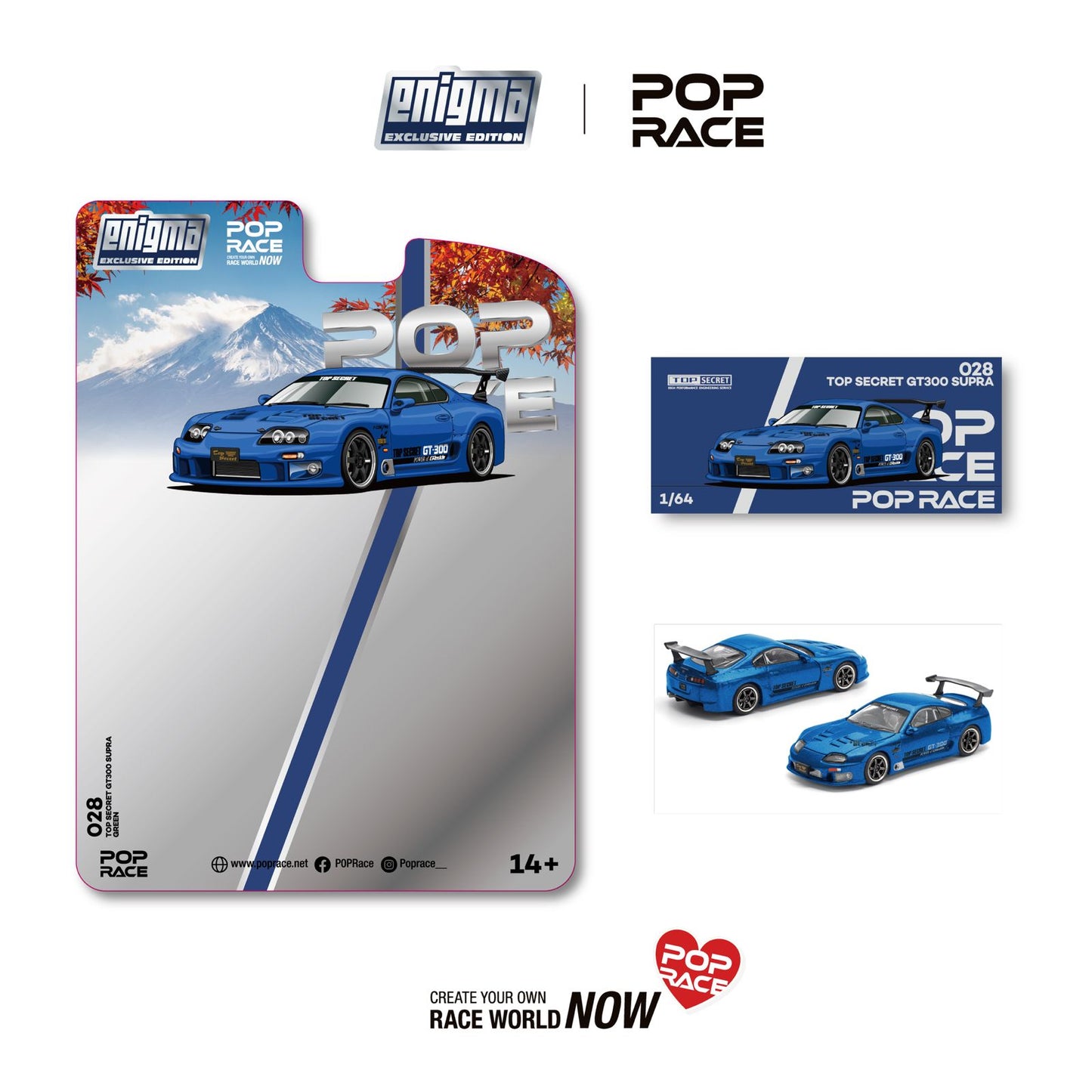 Packaging for a scale model blue GT300 Supra car by Enigma Pop Race. The backdrop shows a mountain and autumn leaves. Text reads "Create your own race world now."