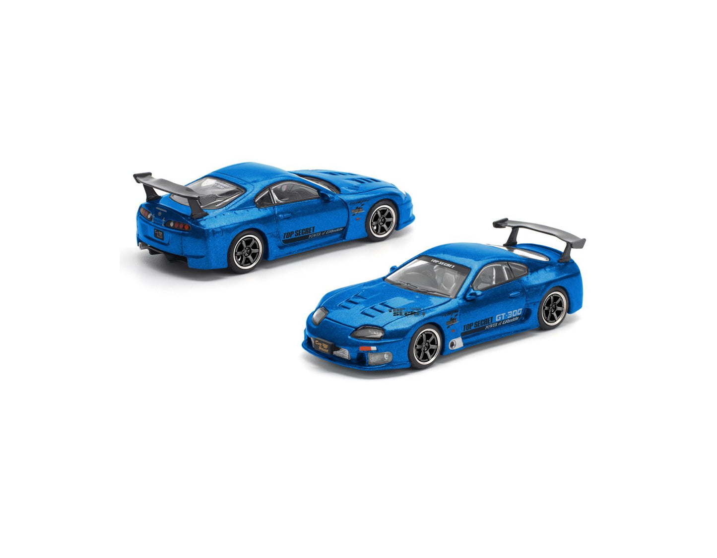 Two detailed blue model race cars, featuring large spoilers and racing decals, are displayed against a white background, conveying speed and precision.