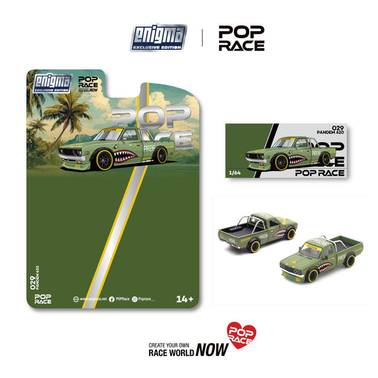 Green toy truck with shark mouth design on a Pop Race packaging, featuring Enigma branding.