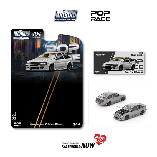 Pop Race model car packaging with Enigma branding on a white background