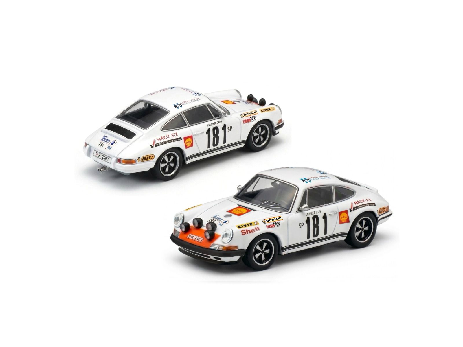 Two model cars with racing livery on a white background