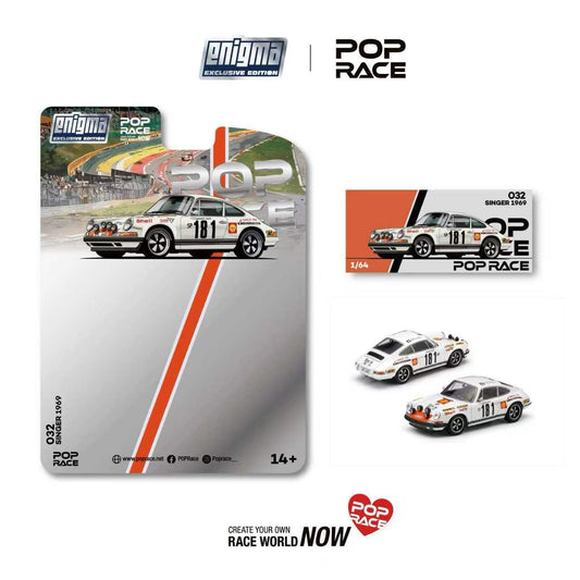 Pop Race model car packaging with two cars displayed, featuring Enigma branding.