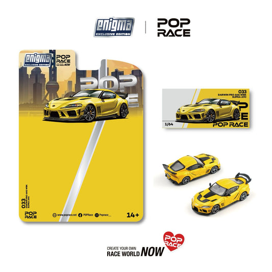 Yellow model car with packaging and additional cars on a white background