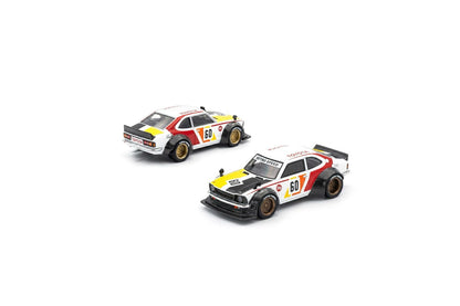 Two model cars with racing decals on a white background
