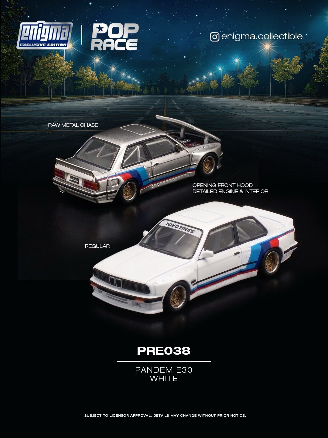 A product listing graphic for an Enigma Collectible Pop Race model car, specifically the Pandem E30 White (PRE038). The image shows two scale models of the BMW E30: one silver with blue and red racing stripes labeled 'RAW METAL CHASE' and one white with the same stripes labeled 'REGULAR'.