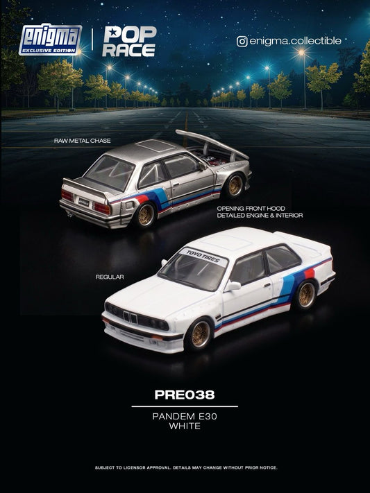 A product listing graphic for an Enigma Collectible Pop Race model car, specifically the Pandem E30 White (PRE038). The image shows two scale models of the BMW E30: one silver with blue and red racing stripes labeled 'RAW METAL CHASE' and one white with the same stripes labeled 'REGULAR'.