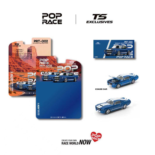 Model cars with packaging and branding for Pop Race and TS Exclusives on a white background.