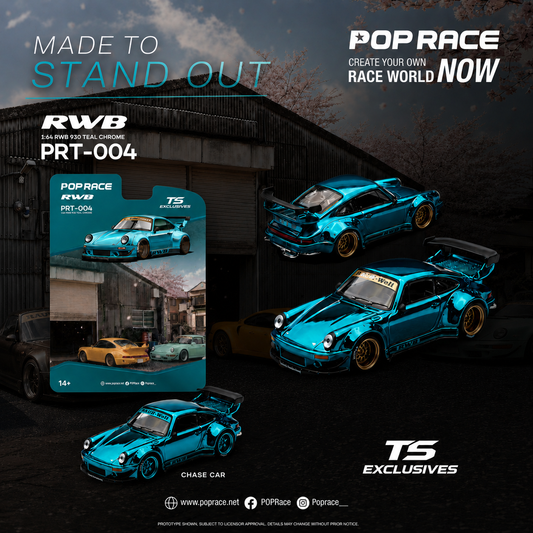 Teal chrome 1:64 scale RWB 930 model car by POP Race, showcased with packaging and multiple angled views on a dark industrial background.