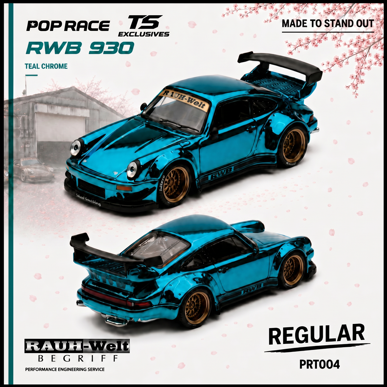 Teal chrome RWB 930 model car with wide fenders and large rear wing, shown from front and rear angles on a white background with cherry blossoms.