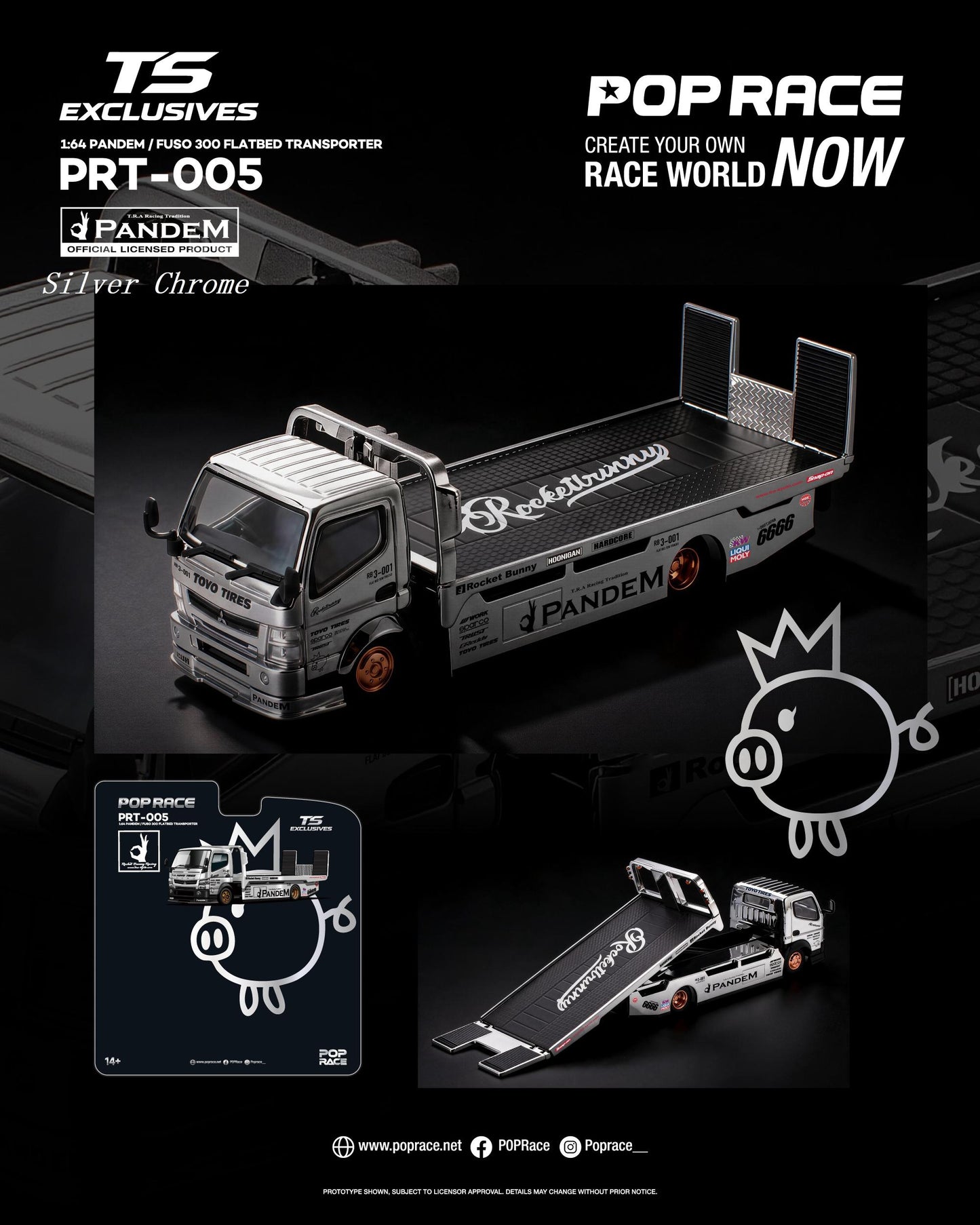(Preorder) Pop Race x TS Exclusives 1:64 PANDEM FUSO 300 FLATBED TRANSPORTER SILVER CHROME PRT005