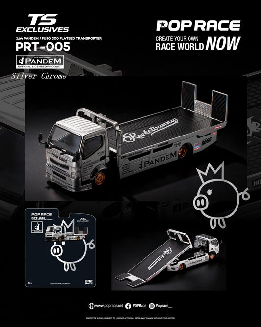 (Preorder) Pop Race x TS Exclusives 1:64 PANDEM FUSO 300 FLATBED TRANSPORTER SILVER CHROME PRT005