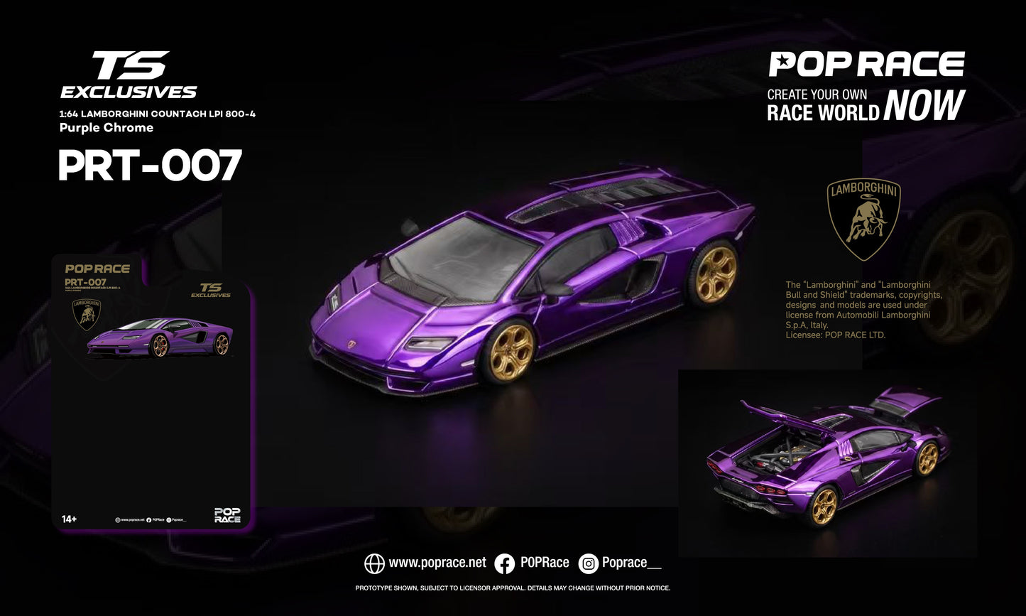 A purple Lamborghini Countach model car shown on a dark promotional graphic with multiple views, text reading PRT-007, POP RACE, and Lamborghini branding.