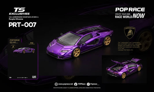 A purple Lamborghini Countach model car shown on a dark promotional graphic with multiple views, text reading PRT-007, POP RACE, and Lamborghini branding.