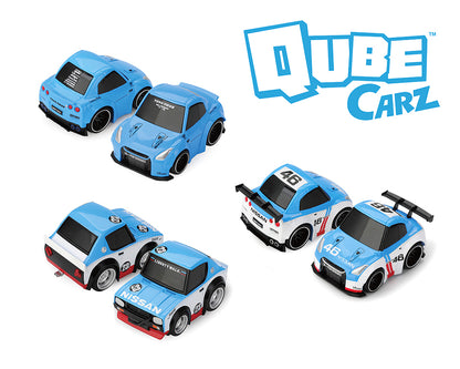 Qube Carz toy cars in blue and white colors on a white background with brand logo.