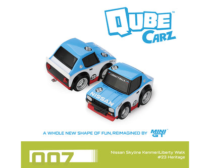 Two Qube Carz toy cars with Nissan branding on a white background