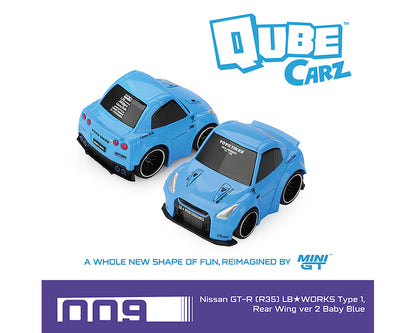 Two blue Qube Carz toy cars on a white background with 'Qube Carz' branding.