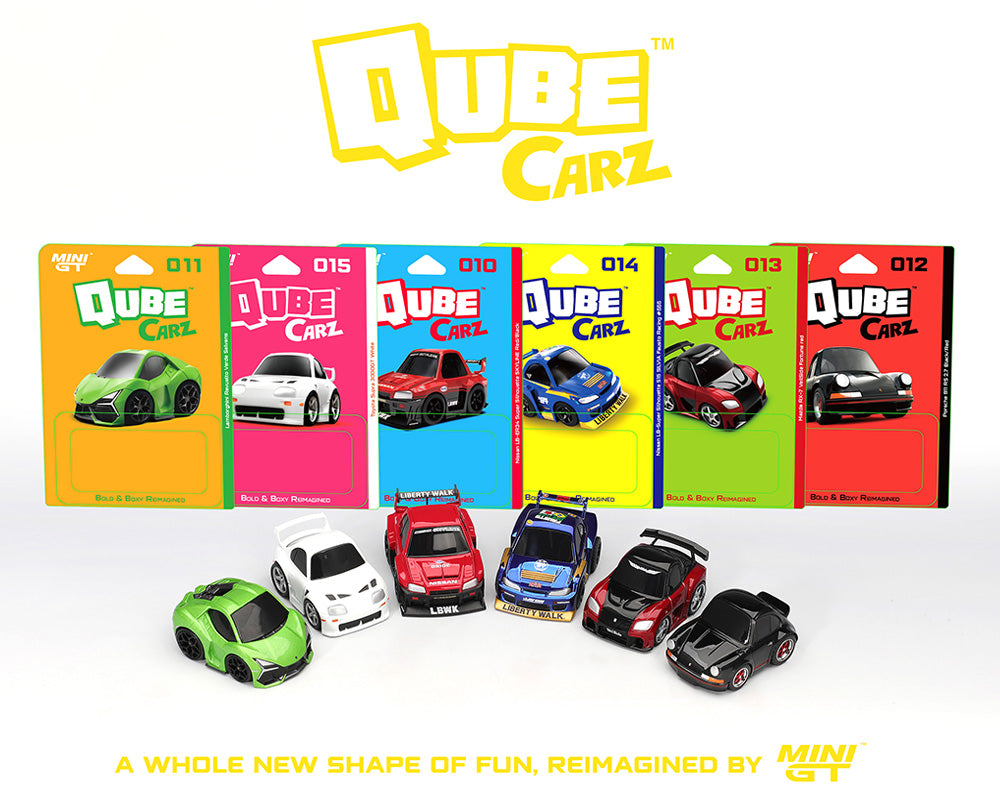Qube Carz toy car packaging with colorful boxes and model cars on a white background.