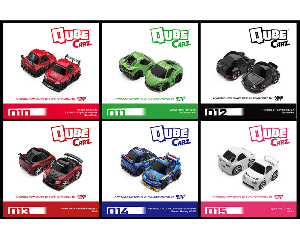 Collage of Qube Carz toy cars in various colors with brand logos.