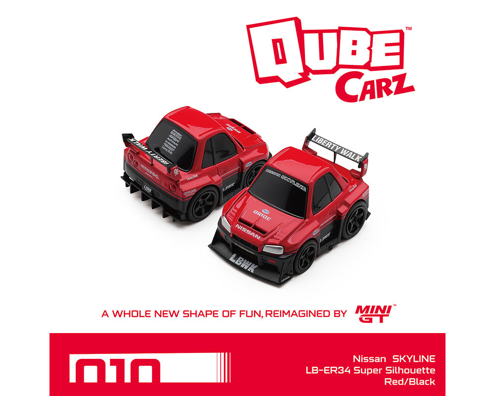 Two red toy cars with 'Qube Carz' branding on a white background