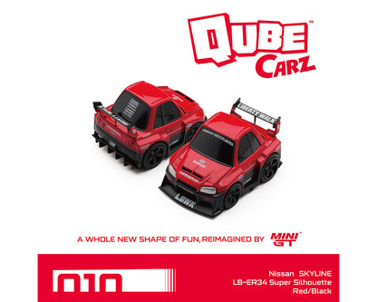 Two red toy cars with 'Qube Carz' branding on a white background