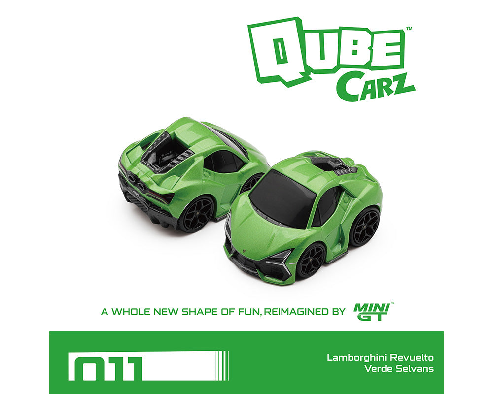 Two green toy cars with 'Qube Carz' branding on a white background