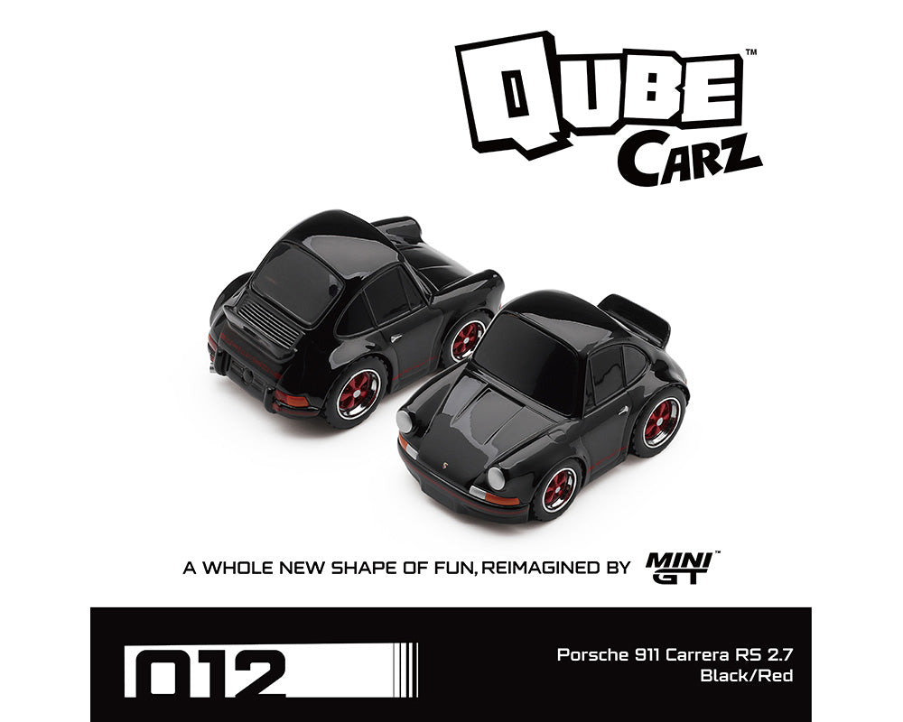 Two black toy cars with red wheels on a white background, featuring the Qube Carz logo.