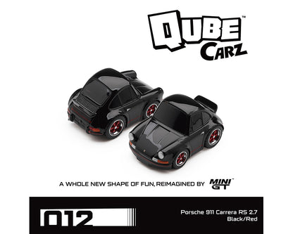 Two black toy cars with red wheels on a white background, featuring the Qube Carz logo.