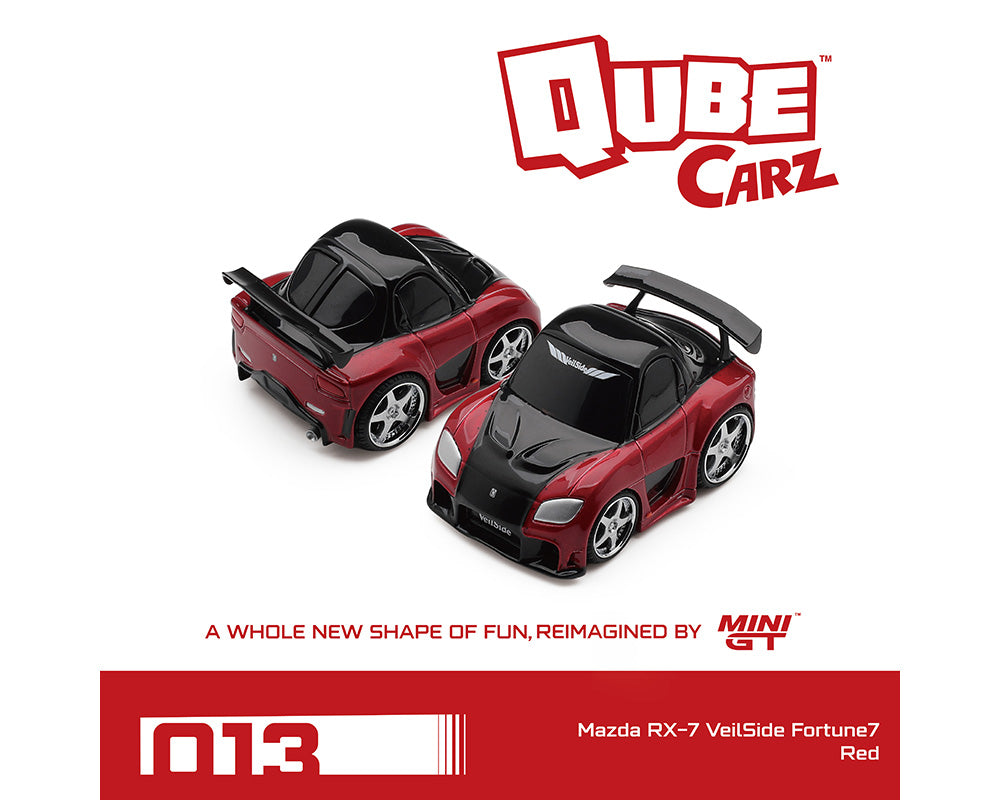 Two red and black toy cars with 'Qube Carz' branding on a white background.