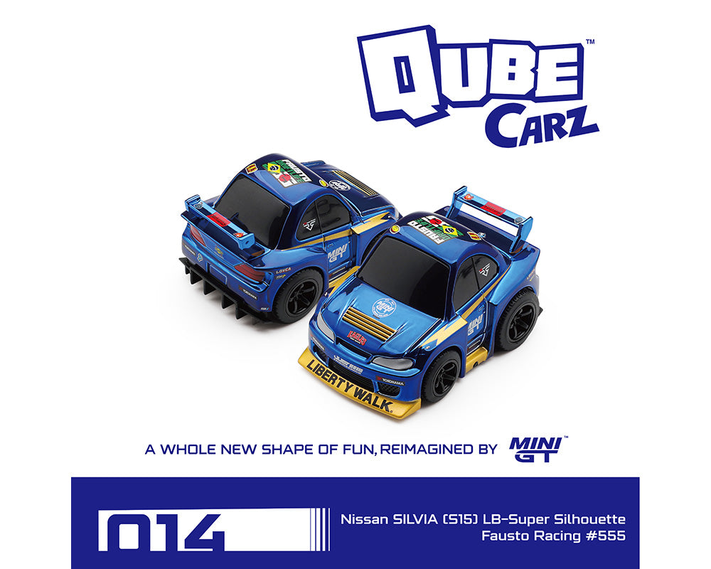 Two blue toy cars with 'Qube Carz' branding on a white background