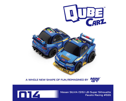 Two blue toy cars with 'Qube Carz' branding on a white background
