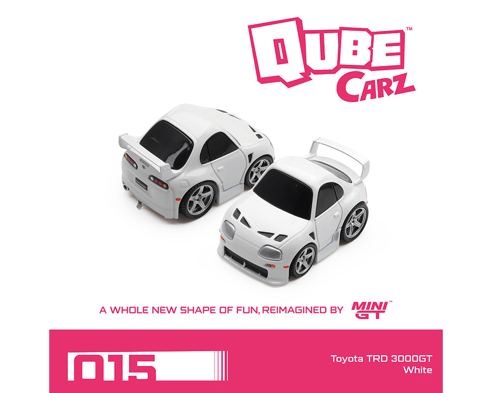 Two white toy cars with 'Qube Carz' branding on a white background