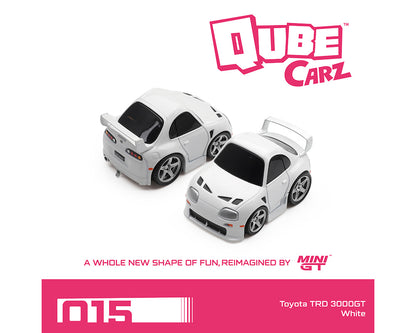 Two white toy cars with 'Qube Carz' branding on a white background