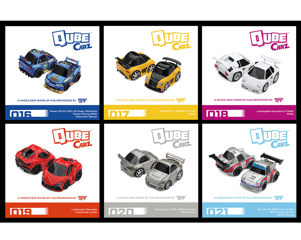 A 2x3 grid of six toy car models on branded cards, with the Qube Carz logo and model numbers visible. The cars include blue, yellow, white, red, silver, and racing-style color combinations, shown against a black background with colored borders around each card.