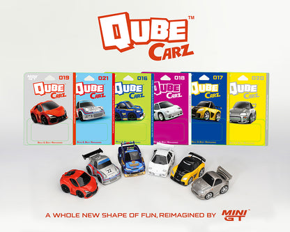 A set of six Mini GT Qube Carz toy cars displayed in front of their colorful original blister packaging on a clean white background. The set includes red, gray, blue, yellow, white, and silver cars, with the 'Qube Carz' logo and 'Mini GT' branding visible.